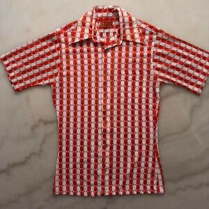 Vintage 70s Sears Kings Road Disco Shirt Red White Geometric Knit Button Up